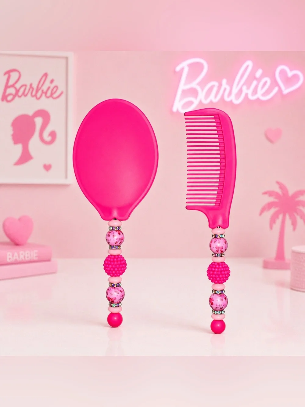 Hot Pink Bow Beaded Hand Mirror & Comb Set